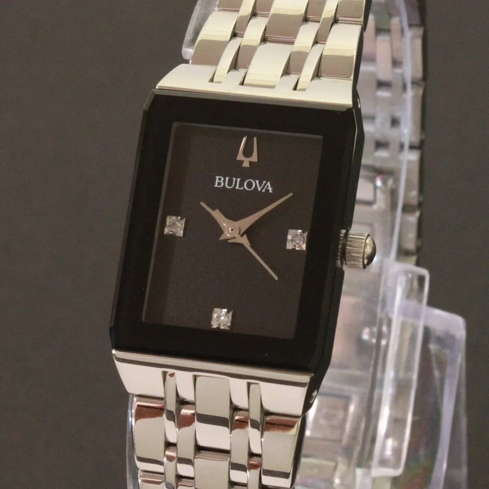 Bulova Ladies Quadra Watch Diamond Indices Black Dial Stainless 20mm